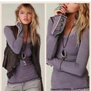 RARE VINTAGE Free People Moto Cuff Thermal Long Sleeve Top Dusty Lavender Sz L
